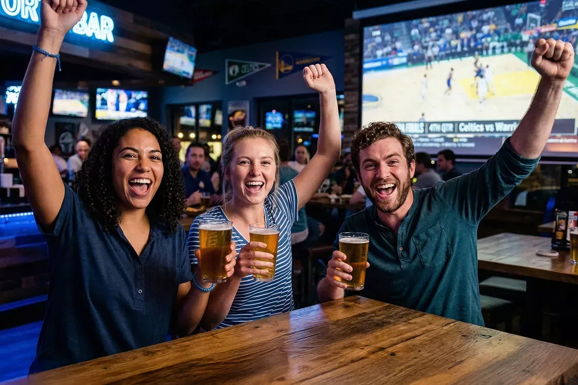 Happy friends cheer while at sports bar watching TV